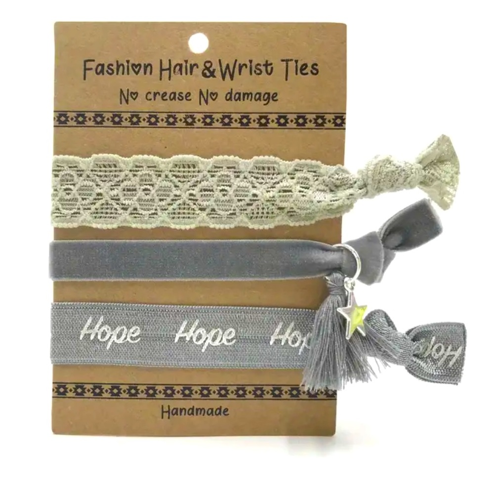 3 Hair Ties Hope Gray Stretch Lace Velvet Ribbon Tassel & Metal Charm.